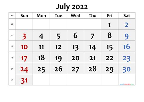 printable calendar  july