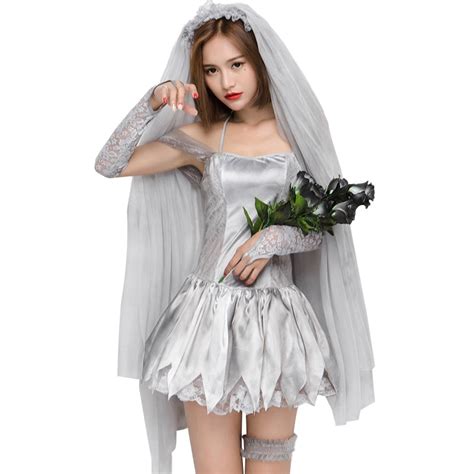 Halloween Gray Print Ghost Corpse Bride Horror Wedding Dress Zombie