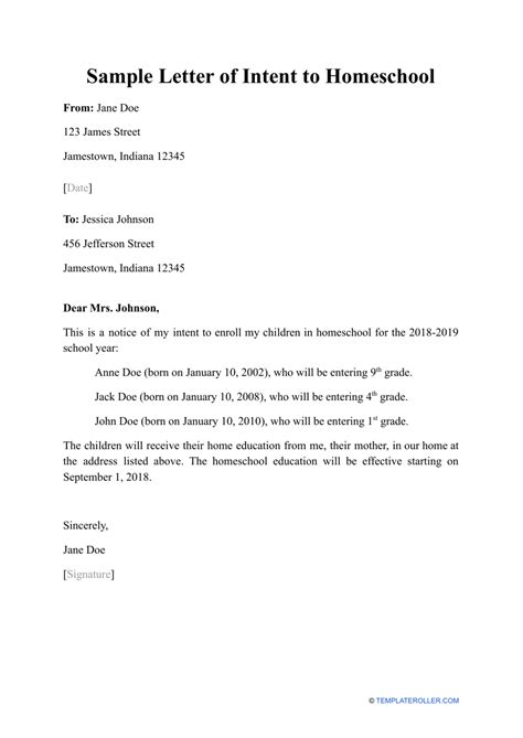 sample letter  intent  homeschool  printable