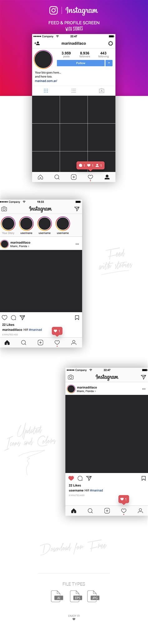 Instagram Feed And Profile Screens Ui 2017 Free Psd