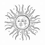 Illustratie Maan Gezicht Zon Engraving Sonne Mond Gesicht Simboli Rays Volto Variopinta Esponga Rotondo Decorata Fronte sketch template
