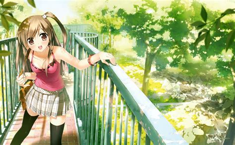 wallpaper garden anime girls smiling green bridge schoolgirl