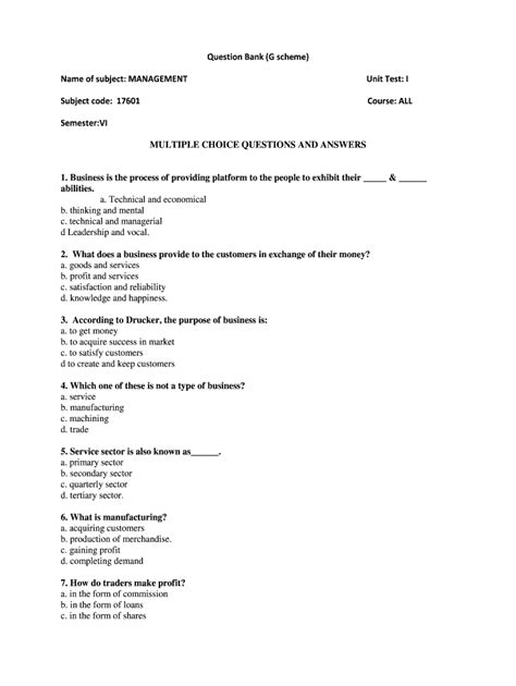 management question bank  fill  printable fillable blank