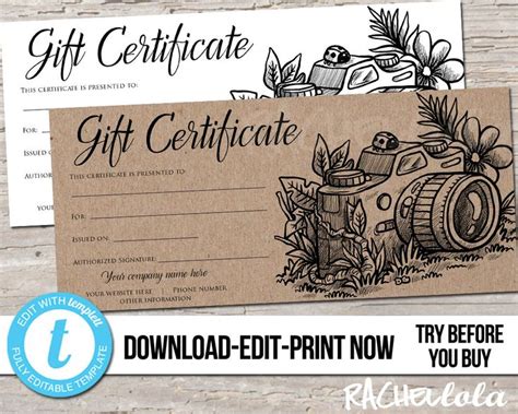 editable custom printable photography gift certificate etsy