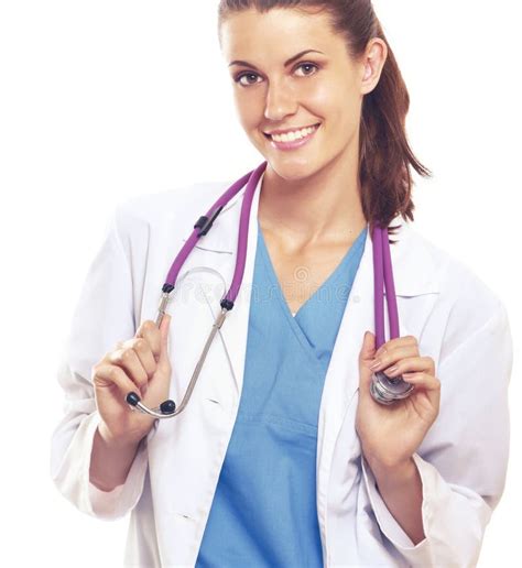 Female Doctor Using Stethoscope Isolated On Grey Background Stock