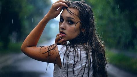 brunette girl gets wet in the rain wallpapers and images wallpapers