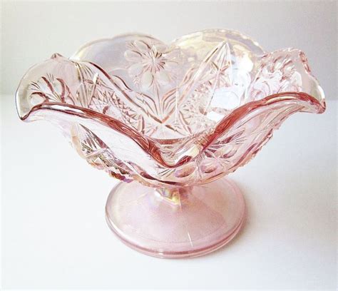 Blush Pink Carnival Glass Bowl Iridescent Footed Compote Dish Imperial