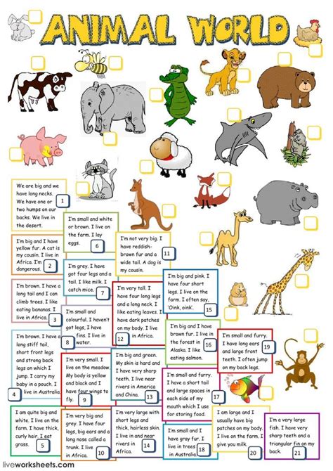 pin   animals worksheets esl english