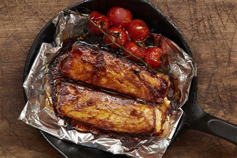 barbecue style salmon belly with roast cherry vine