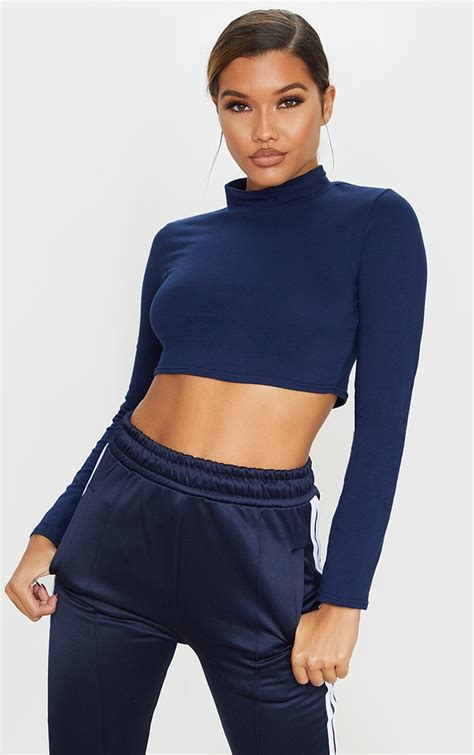 navy high neck long sleeve crop top tops prettylittlething usa