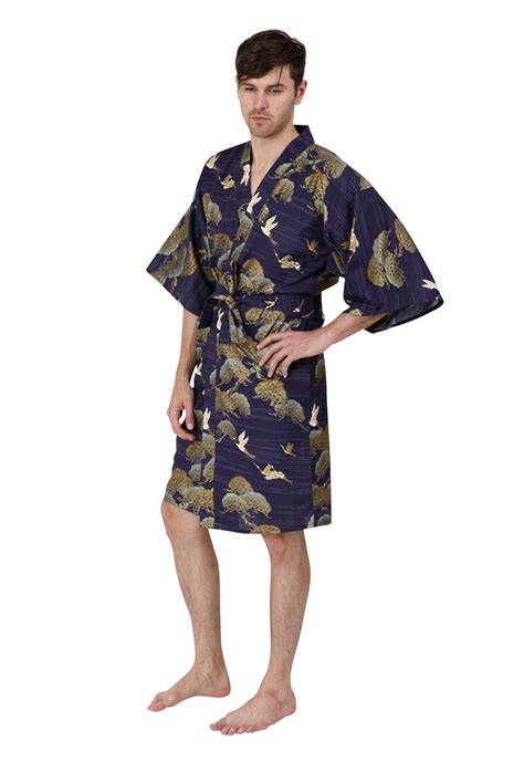 pines cranes mens short cotton kimono beautiful robes aus