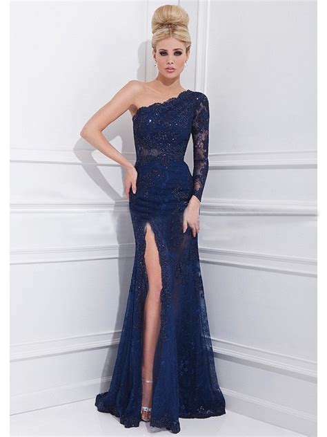 new 2017 long sleeves one shoulder navy blue evening dresses long
