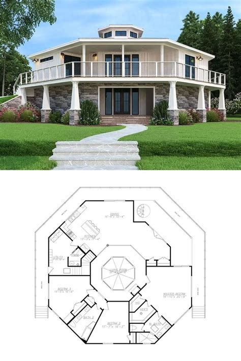 story  bedroom modern octagon style home  wraparound deck floor plan octagon house
