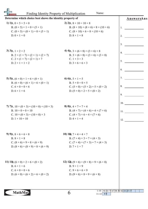 finding identity property  multiplication worksheet printable