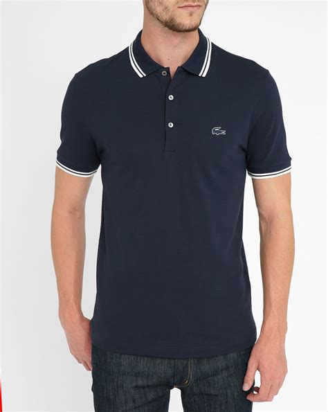 lacoste navy short sleeve white trim slim fit polo shirt  blue