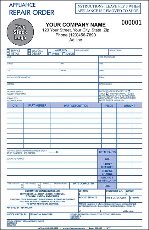 4 Copy Personalized For Free 5 2 3”x8 ½” Appliance Repair Order Invoice