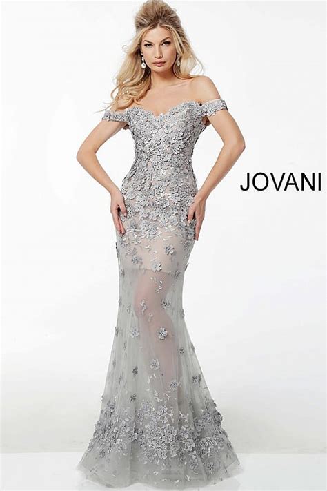 jovani silver floral appliques   shoulder evening dress  floral evening gown