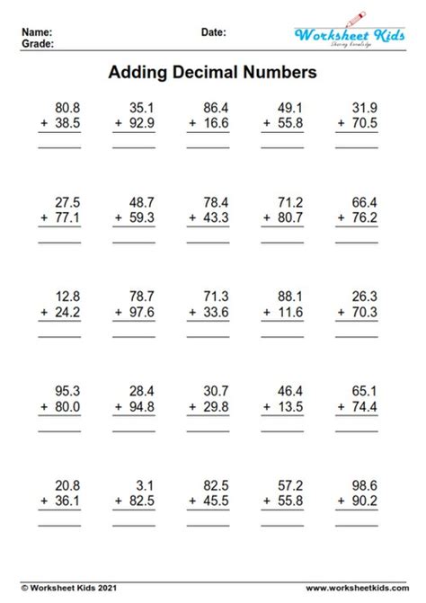 decimal addition worksheet