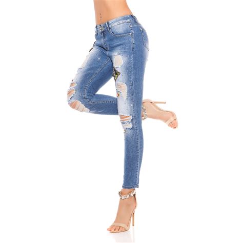 Womens Ripped Jeans Blue Skinny With Rhinestones And Motifs Hot Style