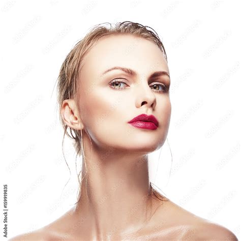 Beauty Woman Face Red Lips Wet Blonde Hair Skincare Concept White