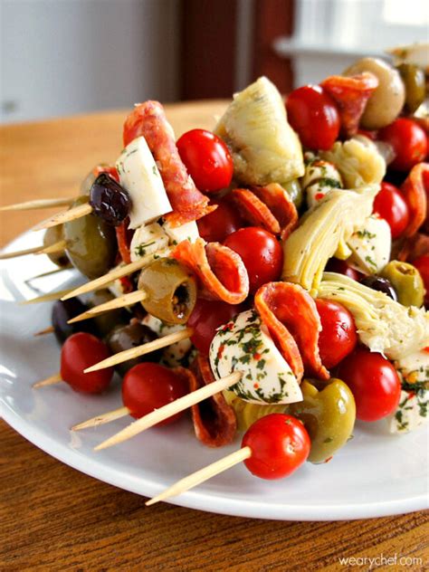 antipasto skewers an easy party food the weary chef