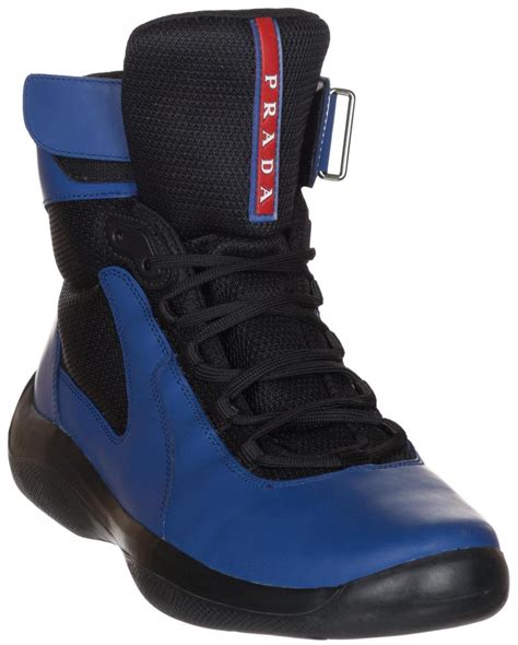 prada blue mens  leather high top ankle sneakers sneakers