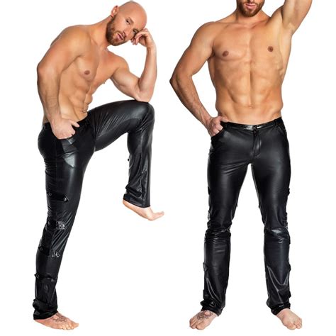 Men Black Pvc Faux Patent Leather Pants Club Wear Stage Skinny Pants