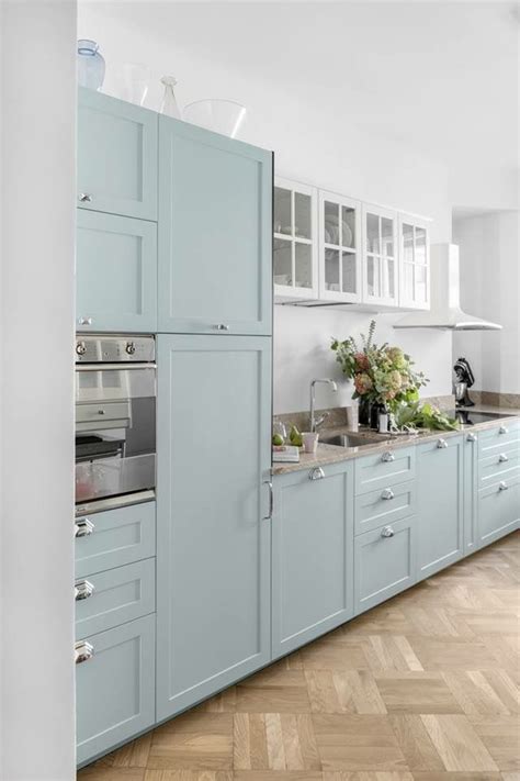 Cool mint / duck egg blue kitchen. Mix of Ikea base and