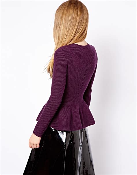 lyst asos ted baker cable knit sweater  peplum hem  purple