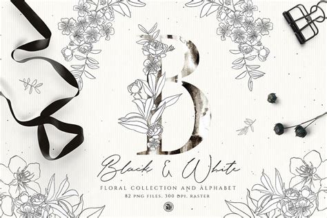 black  white floral alphabet