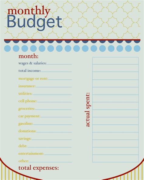 printable monthly budget template template business