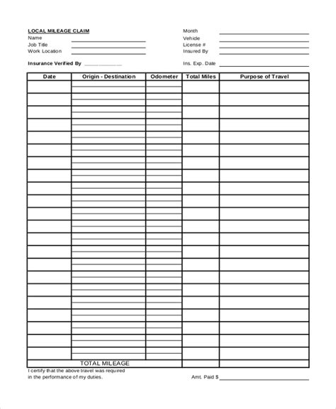 sample mileage reimbursement forms   word excel
