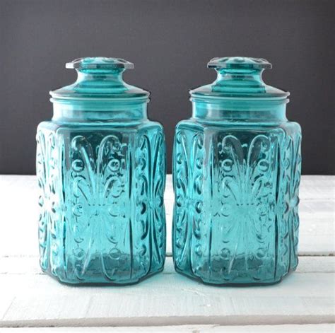 Teal Glass Canisters Vintage Kitchen Canisters By Kolorize
