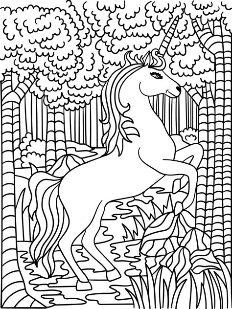 unicorn leaping  forest coloring page  adults  vector art