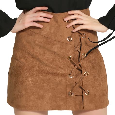 suede skirt a line brown leather lace up sexy boots skirts women retro