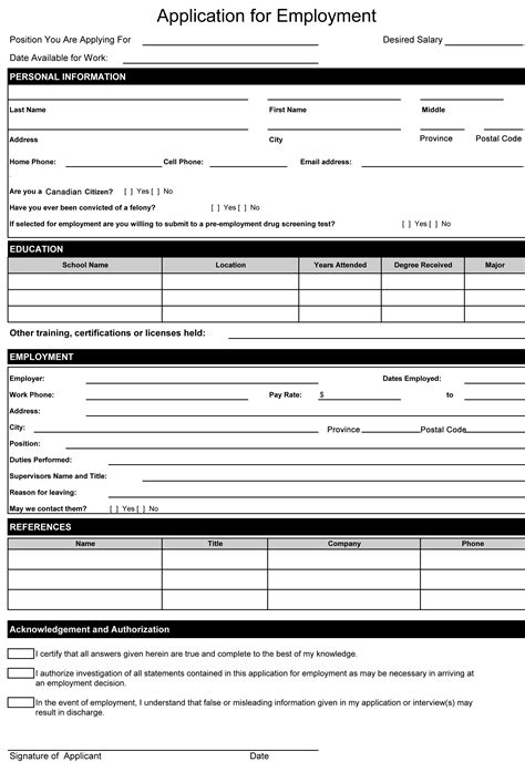 printable employment application templates printable
