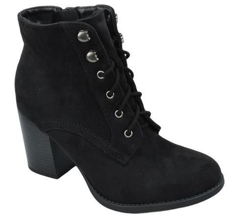 soda women ankle boots thick heel combat lace  booties side zipper lurk  black faux suede