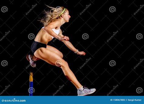 sportswoman jumping  hurdle  sprint race stock image image  caucasian effort