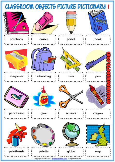 classroom objects esl printable picture dictionary  kids