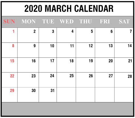 Free March 2020 Calendar Template Printable February