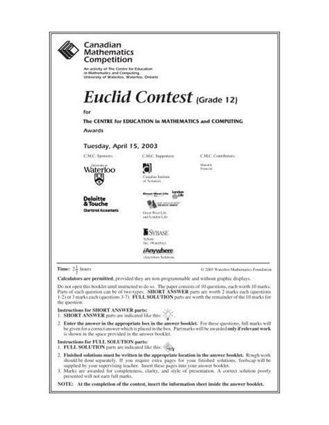 euclid contest pm  cemc university  waterloo