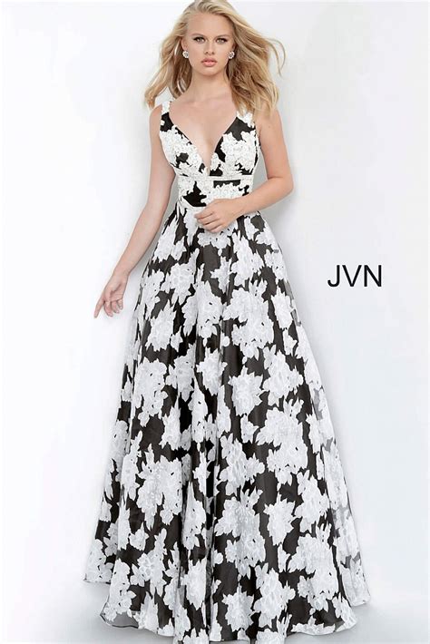 jvn00825 dress jvn black and white print v neck a line prom gown jvn00825