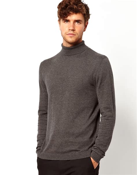 Lyst Asos Roll Neck Jumper In Charcoal Cotton In Gray For Men