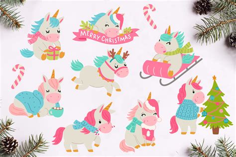 christmas unicorn vector art  illustrations design bundles