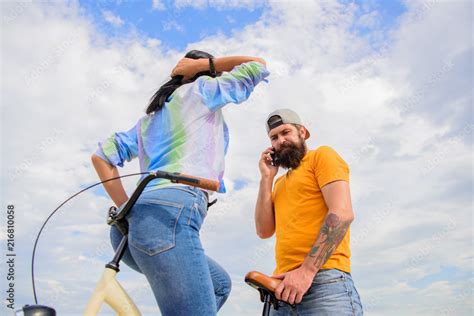 Girl Sit On Handlebar Of His Bike Man Bearded Hipster Rides Girlfriend