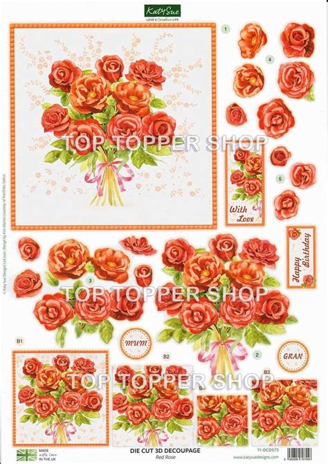 Red Roses A4 Die Cut Decoupage Sheet Katy Sue Designs