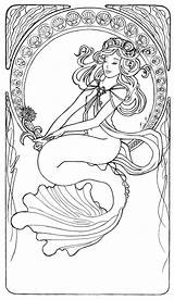 Line Mucha Sirene Alphonse Mermaids Målarbilder Dibujo Fabuleux Mayores Colorful Everfreecoloring sketch template