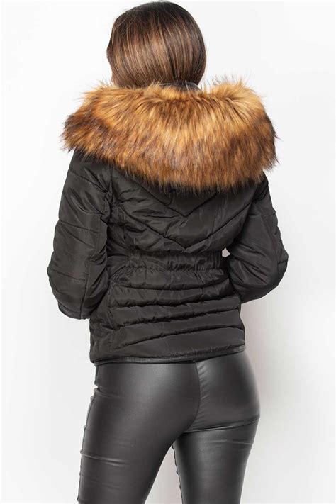 womens black quilted puffer coat  big faux fur hood styledupcouk