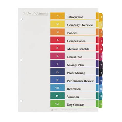 avery  ready index  tab multi color table  contents divider
