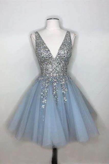 sparkly   deep  neck light blue short homecoming dresses pfh homecoming dresses